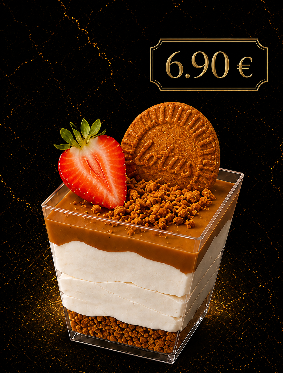 Dessert mit Lotus-Keks, Erdbeere und cremigen Schichten im Glas in der Lion Lounge Bar Offenbach