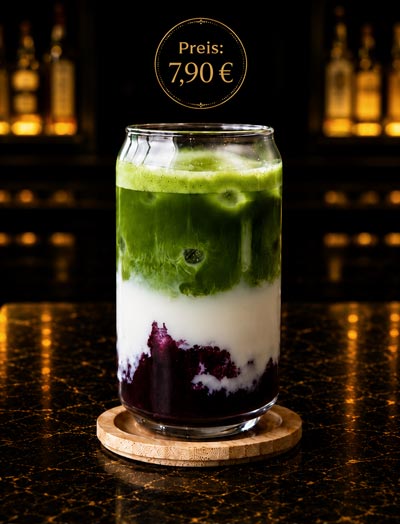 Mehrschichtiges Getränkespecial mit dunkler Beerenbasis, cremiger Schicht und grünem Matcha-Topping in einem Glas in der stilvollen Atmosphäre der Lion Lounge Bar Offenbach.
