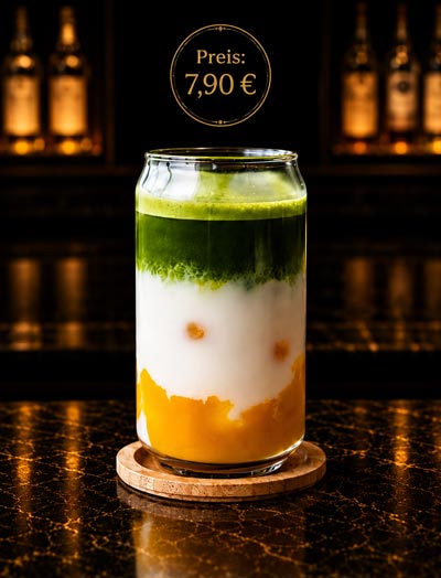 Cremiges Getränkespecial mit fruchtiger Mango, weißer Creme und grünem Topping in einem Glas, serviert in stilvoller Atmosphäre der Lion Lounge Bar Offenbach.